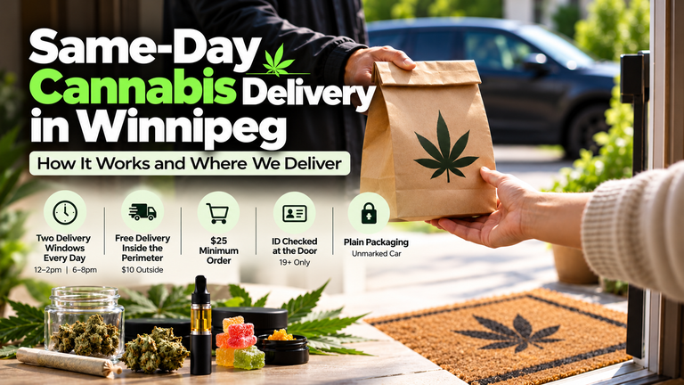 Same-day cannabis delivery in Winnipeg: a Bud Buggy driver hands an order to a customer at the front door